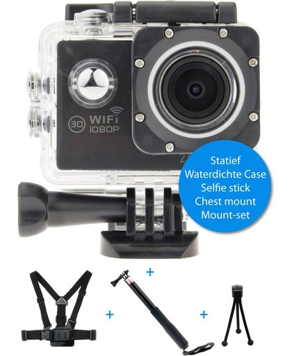 Captec LCS-4000 Actie Camera set - Chest mount - Selfie Stick - Statiefje - Waterdichte case