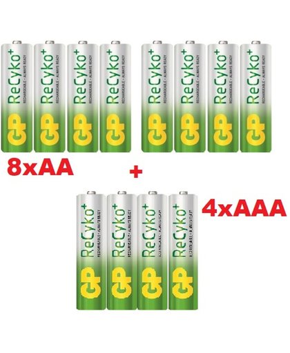 GP 8x AA + 4x AAA ReCyko+ Oplaadbare Batterijen - 12 stuks