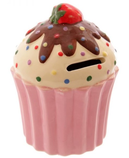Spaarpot cupcake keramiek roze met aardbei
