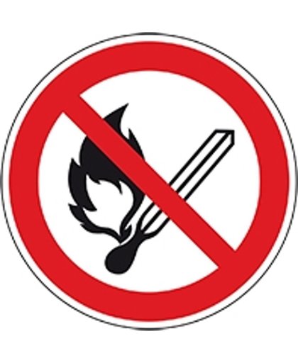 Verbodssticker ‘Roken en open vuur verboden’, ISO 7010, Ø 100 mm