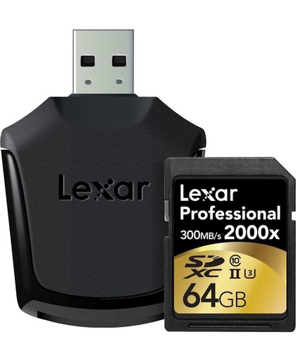 Lexar Professional UHS-II SD kaart 64GB 2000x met SD UHS-II reader