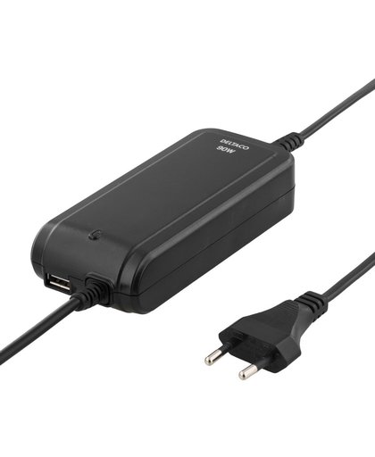 DELTACO SMP-90WN, Universele oplader laptops, Auto Voltage, 8 verschillende connectoren, USB-poort 1A, zwart
