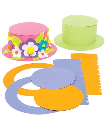 Knutselsets met gekleurde hoeden die kinderen kunnen ontwerpen, versieren en dragen. Accessoires voor verkleedpartijtjes. Creatieve kinderset (verpakking van 4)
