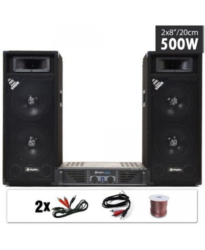 Complete DJ-set: 2 SkyTec SM28 Disco PA luidsprekers (2 x 8") en een SkyTec SKY-480 versterker