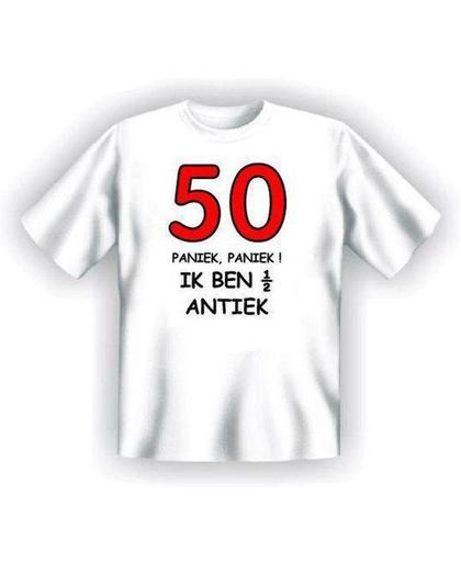 Benza T-Shirt - 50 PANIEK PANIEK ik ben 1/2 antiek - (Leuk, Grappig, Mooi, Funny, Leeftijd, Verjaardag, Abraham, Sarah) - Maat XL