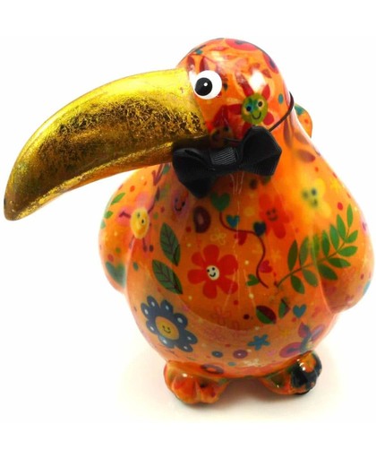 Pomme pidou spaarpot vogel tucan Ricardo - Uitvoering - Oranje met bloemen met gezichtjes