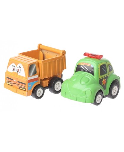 Eddy Toys Mini terugtrekvoertuigen: kiepwagen en politiewagen