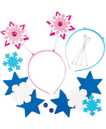 Sets diademen met opspringende sneeuwvlokken. Leuke knutsel- en decoratiesets voor kerst voor jongens en meisjes (4 stuks per verpakking)