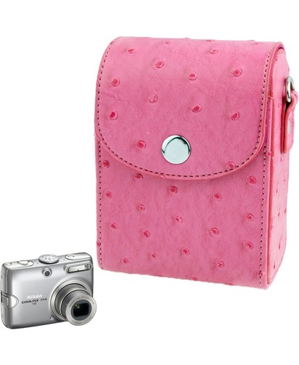 Ostrich Skin structuur universeel Mini lederen Camera Bag met Strap (hard roze)