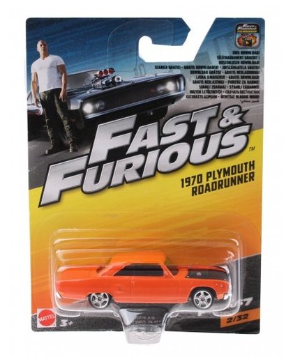 Mattel Fast & Furious Plymouth Roadrunner auto oranje 9 cm
