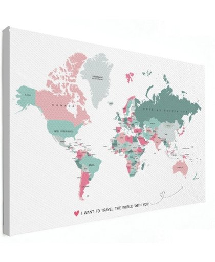 Valentijn wereldkaart cadeau - Afgedrukt op canvas 120x80 (Valentijn decoratie / versiering)