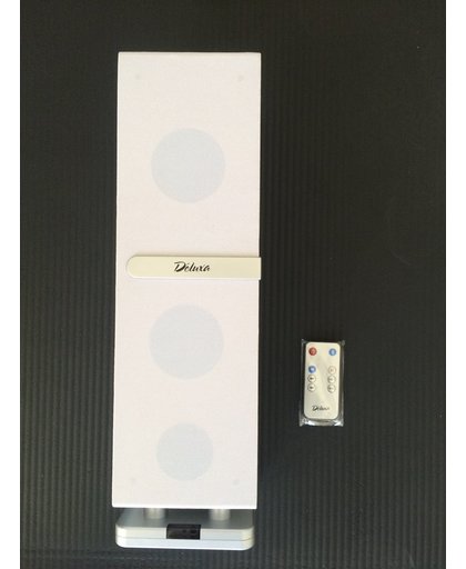 Deluxa Music Bluetooth Tower Speaker|Met Afstandbediening| Super Bass voor Rijk en Helder Geluid| DC Externe Voeding|Kleur Wit met Mat Zilver Voet|9 meter Effectief bereik|2 x 3 Watt|