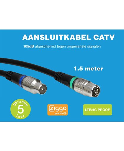 Technetix Coaxkabel CATV 1,5 mtr. Zwart 4G/LTE-Proof Ziggo geschikt