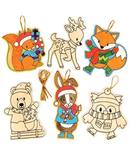 Houten decoraties met dieren uit het winterbos voor kinderen om zelf te maken - Creatieve kerstknutselset voor kinderen (10 stuks per verpakking)