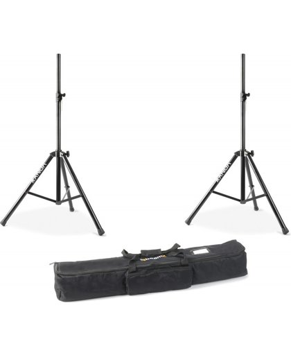 Vonyx Pro speakerstandaard set. Twee speakerstatieven tot 80kg belastbaar met handige draagtas.