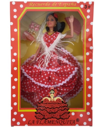 Spaanse barbie pop Flamenco rood witte stippen jurk barbiepop