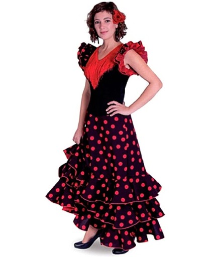 Spaanse jurk - Flamenco jurk Deluxe – Zwart Rood - Maat 38/40 - Volwassenen - Verkleed jurk