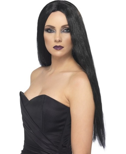 Heksenpruik met lang stijl zwart haar