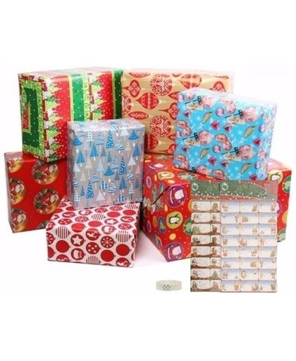 Kerst inpakpapier set S - 200 x 70 cm - 6 rollen cadeaupapier met plakband en cadeaustickers