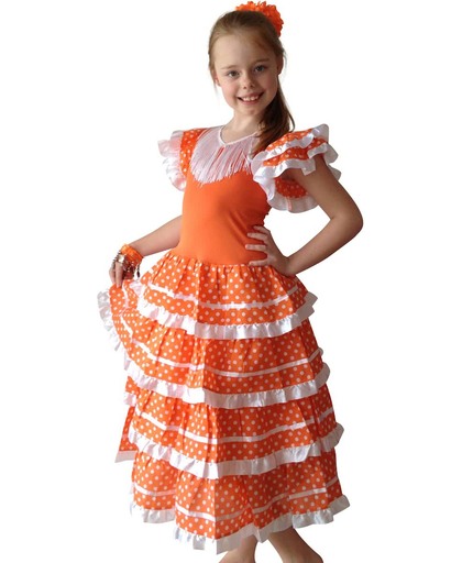 Spaanse jurk - Flamenco - Oranje/Wit - Maat 104/110 (6) - Verkleed jurk Koningsdag