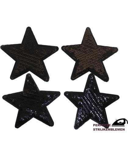 Strijk embleem ‘Glitter sterren zwart paillet patch set (4)’ – stof & strijk applicatie
