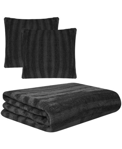 vidaXL Three Piece Throw Blanket & Cushion Cover Set Faux Fur Black