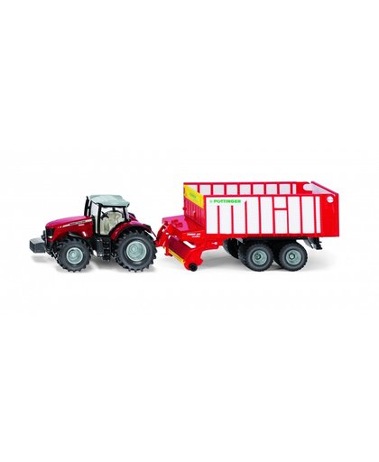 Siku Massey Ferguson tractor met Pöttinger hakselwagen rood (1985)