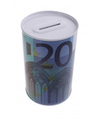 Johntoy Metalen spaarpot met eurobiljet print 20 euro blauw