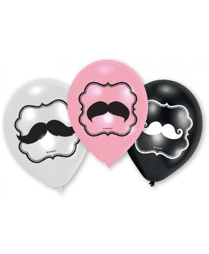Amscan ballonnen Moustache 23 cm wit/roze/zwart 6 stuks