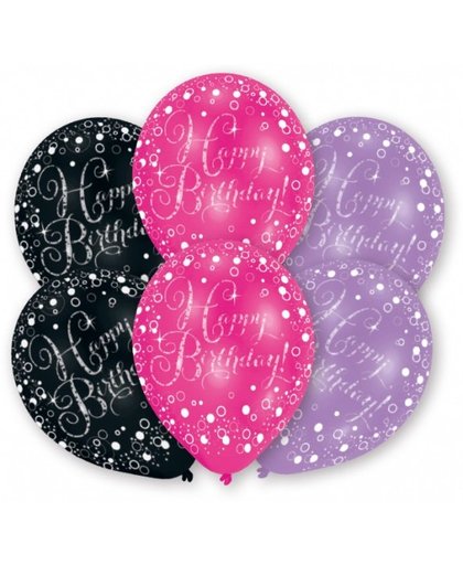Amscan ballonnen Happy Birthday 28 cm roze/paars/zwart 6 stuks