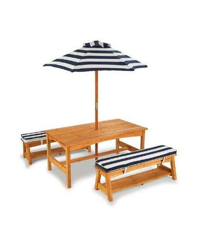 Buitenset van tafel en bankjes + kussens en parasol - marineblauw met witte strepen