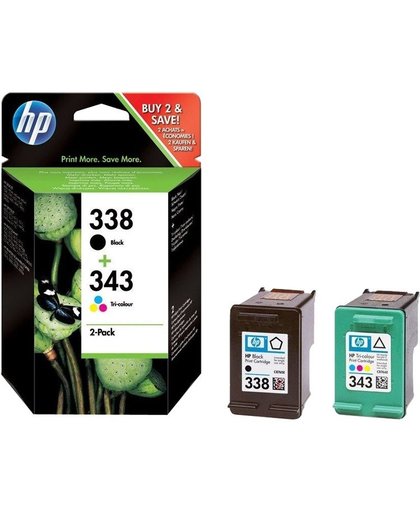 HP 338 originele zwarte/343 drie-kleuren inktcartridges, 2-pack inktcartridge