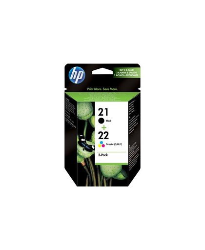 HP 21 originele zwarte/22 drie-kleuren inktcartridges, 2-pack inktcartridge