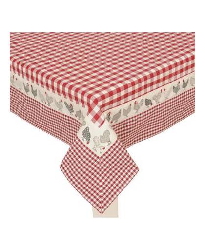 Mooi landelijk tafelkleed geruit met rondom een kip motief - 150 x 150 cm - rood/wit