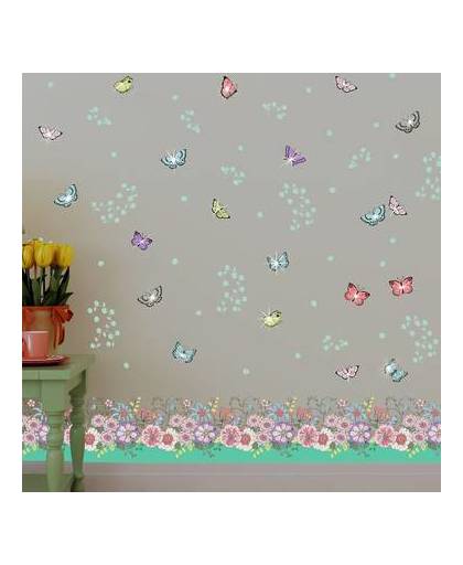 Walplus home decoratie sticker - zomer bloemen met vlinders en 20 swarovski kristallen