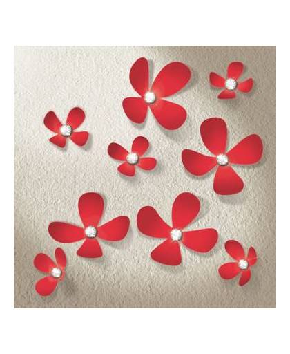 Walplus 3d decoratie sticker - 3d bloemen met 9 swarovski kristallen - rood