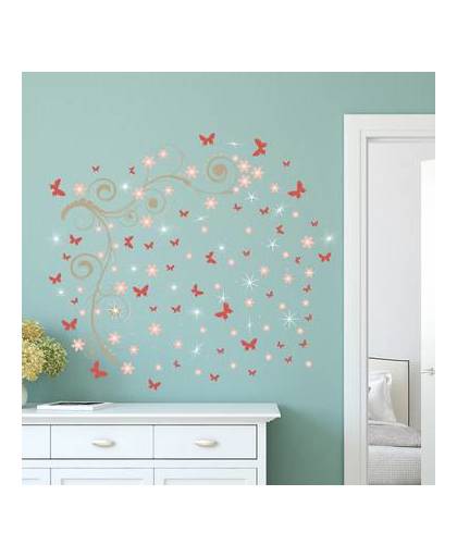 Walplus home decoratie sticker - roze vlinders met wijnstok en 20 swarovski kristallen