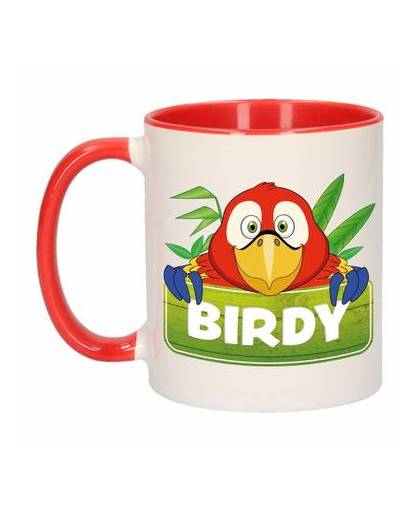 1x birdy beker / mok - rood met wit - 300 ml keramiek - papegaaien bekers