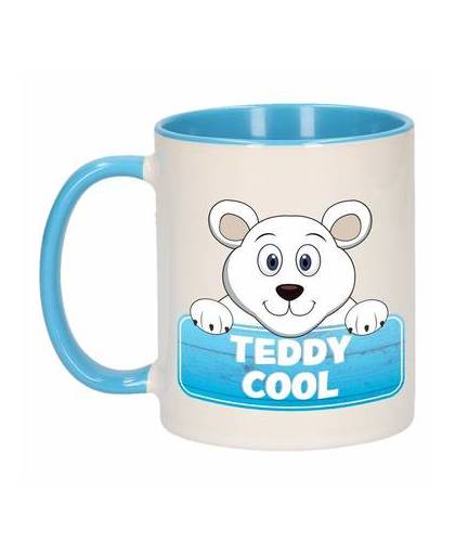 1x teddy cool beker / mok - blauw met wit - 300 ml keramiek - ijsberen bekers
