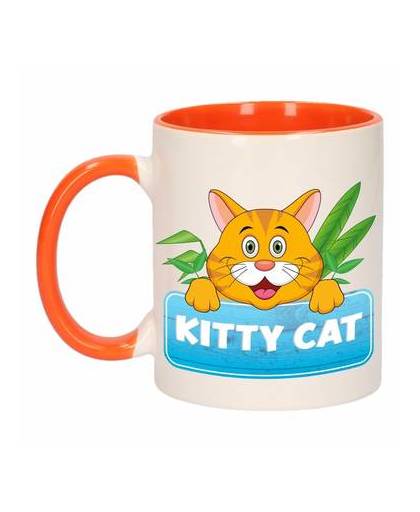 1x kitty cat beker / mok - oranje met wit - 300 ml keramiek - katten bekers