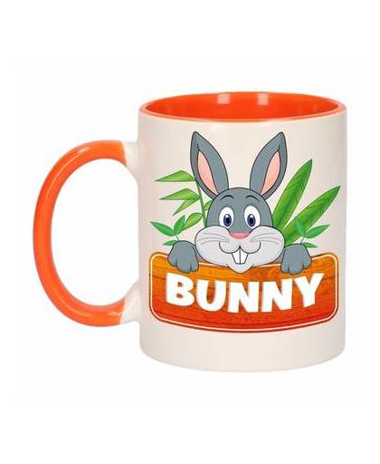 1x bunny beker / mok - oranje met wit - 300 ml keramiek - konijnen bekers