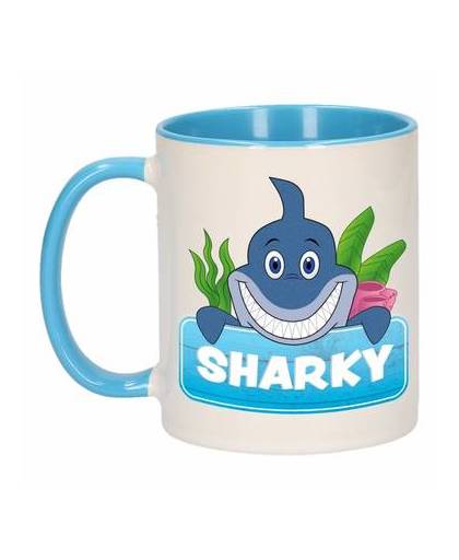 1x sharky beker / mok - blauw met wit - 300 ml keramiek - haaien bekers