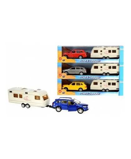 Speelgoed blauwe audi q7 auto met caravan 1:48