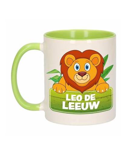 1x leo de leeuw beker / mok - groen met wit - 300 ml keramiek - leeuwen bekers