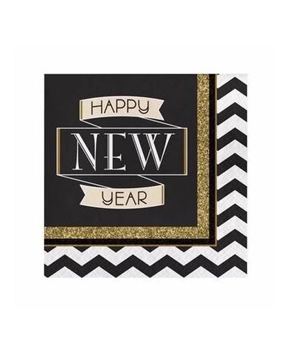 Oud en nieuw servetten zwart/goud happy new year 16 stuks