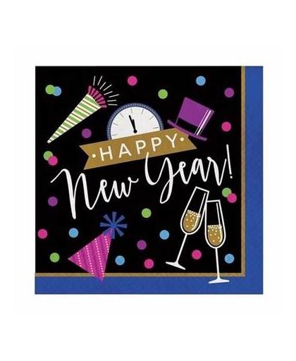 Oud en nieuw servetten zwart/blauw happy new year 16 stuks
