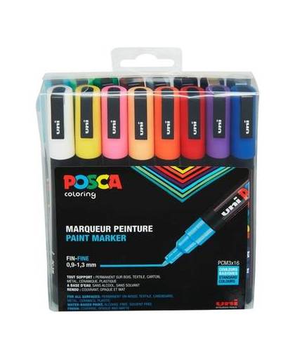 Uni posca stiften standard colors pc3m 0.9-1.3 mm lijn 16 stuks