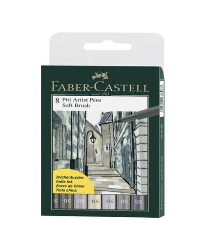 Tekenstift faber-castell pitt artist pen soft brush etui 8 stuks assorti