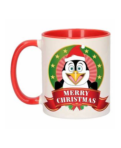 1x kerst beker / mok - rood met wit - 300 ml keramiek - pinguin print