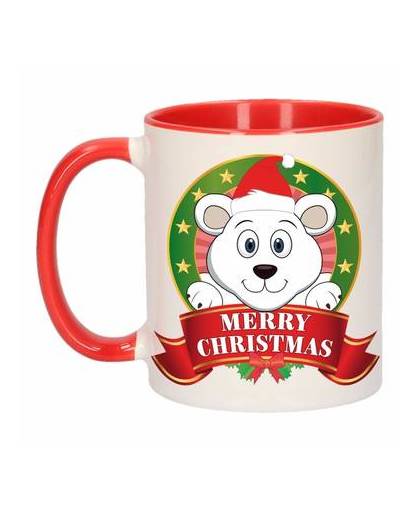 1x kerst beker / mok - rood met wit - 300 ml keramiek - ijsbeer print